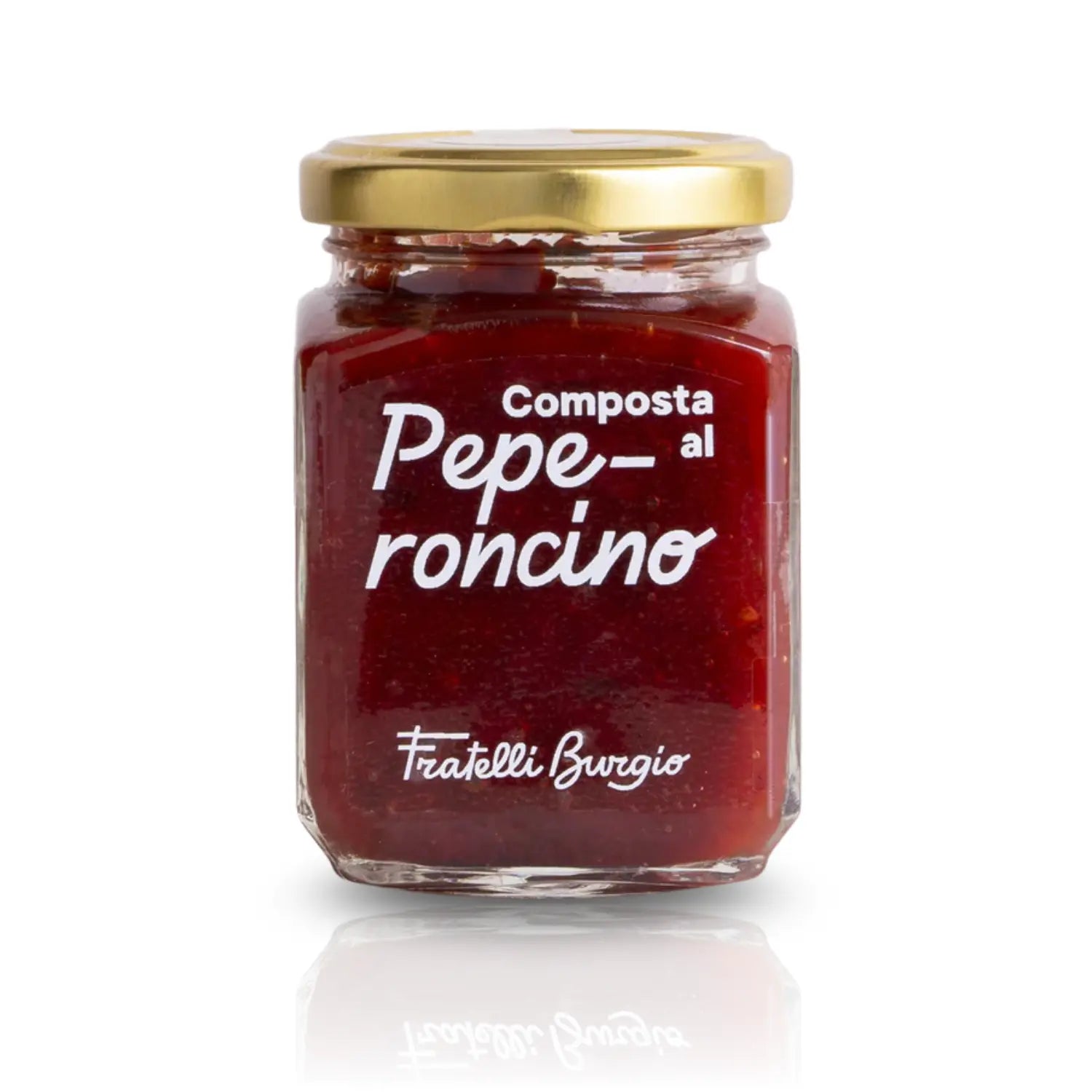 Glas Fratelli Burgio Composta al Peperoncino – pikantes italienisches Chilikompott, dunkelrot, im Glas mit goldenem Deckel.