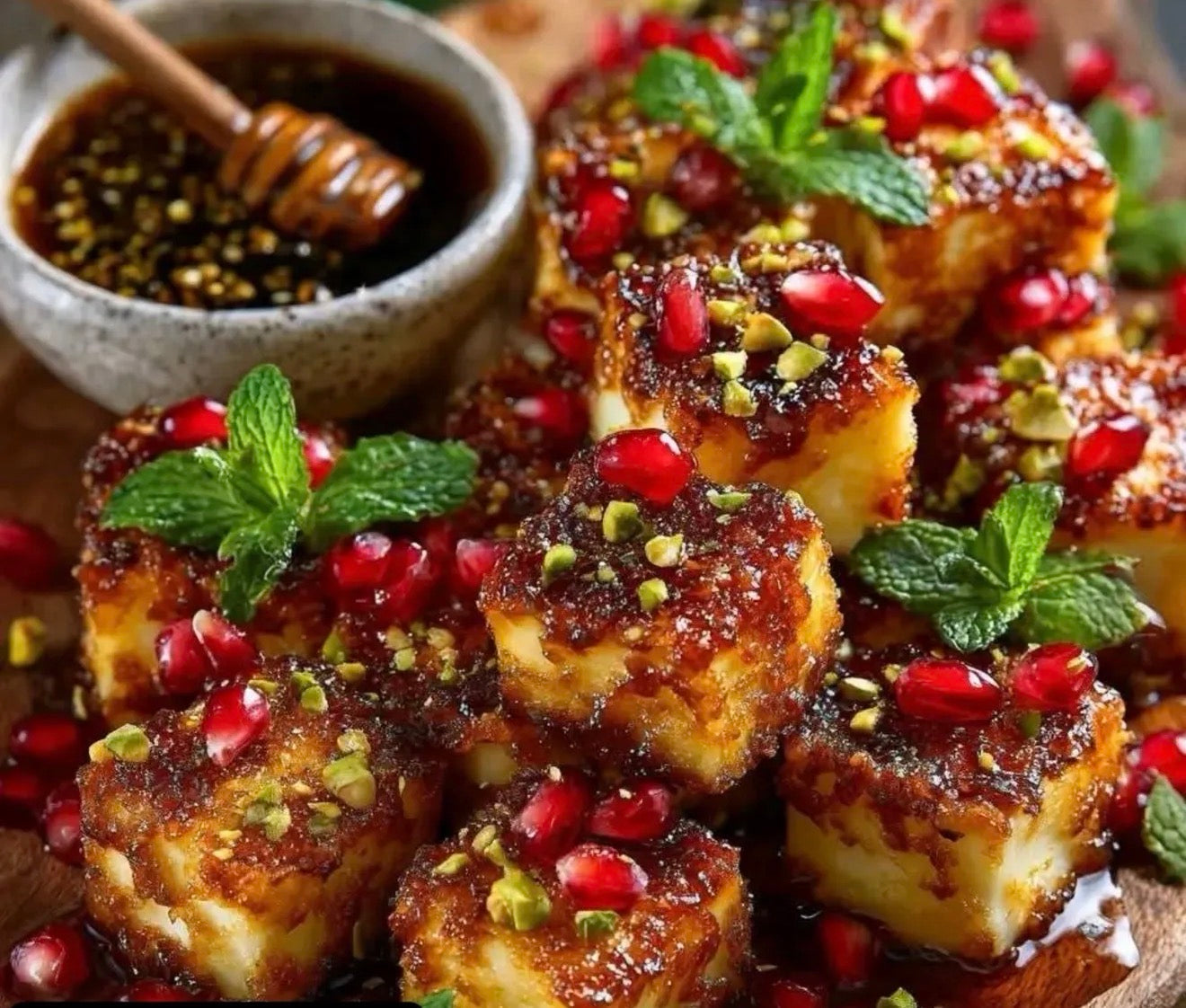 Goldene Schafskäse-Häppchen mit Granatapfelglasur und kandierten Pistazien