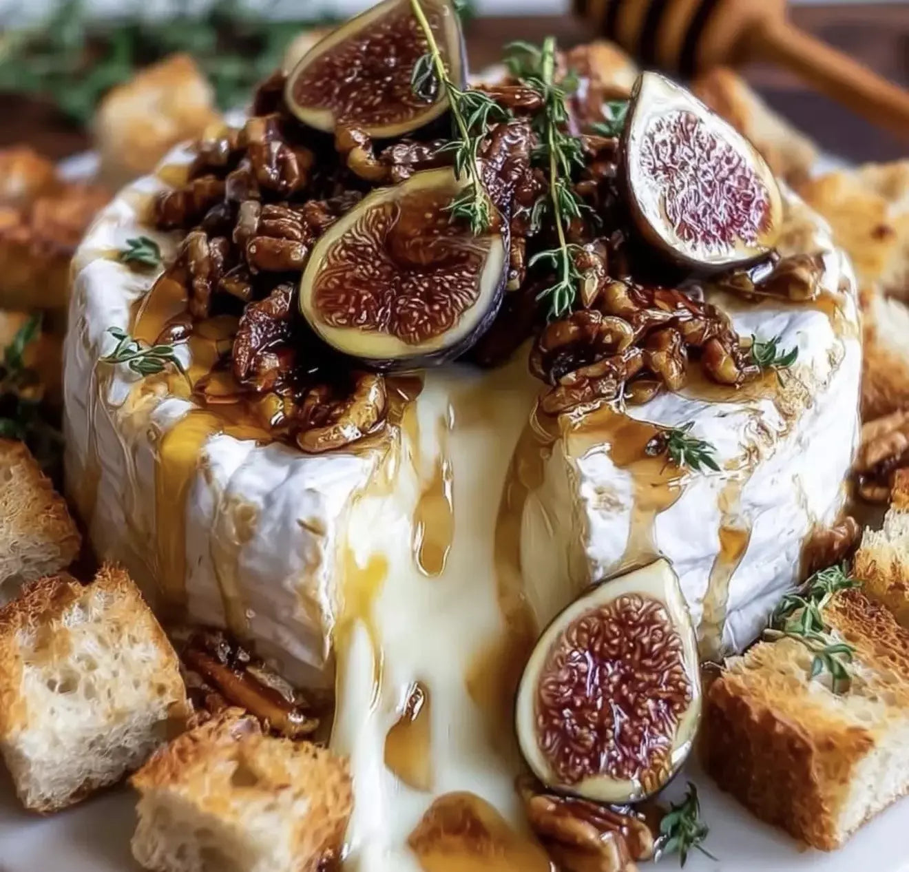 Gebackener Brie mit frischen Feigen, Honig und Pekannüssen, serviert mit Thymian und geröstetem Baguette