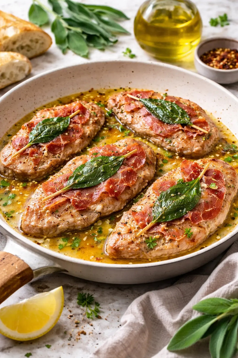 Saltimbocca alla Romana mit Kalbfleisch, Prosciutto und frischem Salbei – klassisches italienisches Fleischgericht