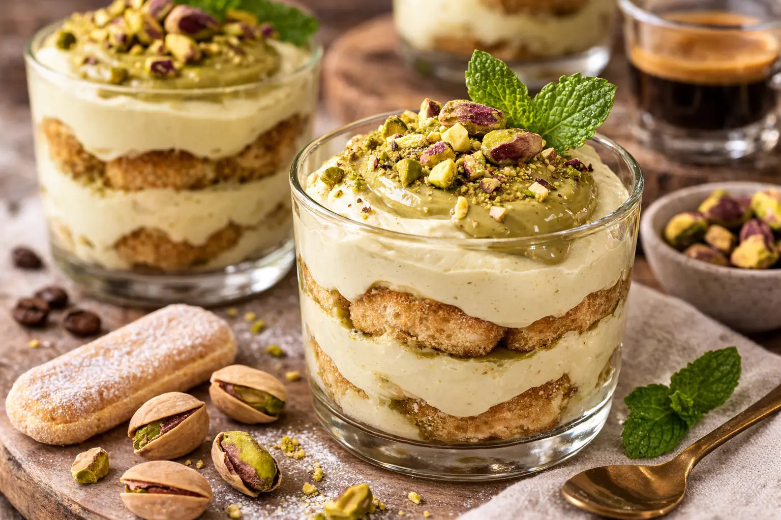 Cremiges Pistazien Tiramisu im Glas mit Mascarpone, Löffelbiskuits und Pistaziencreme