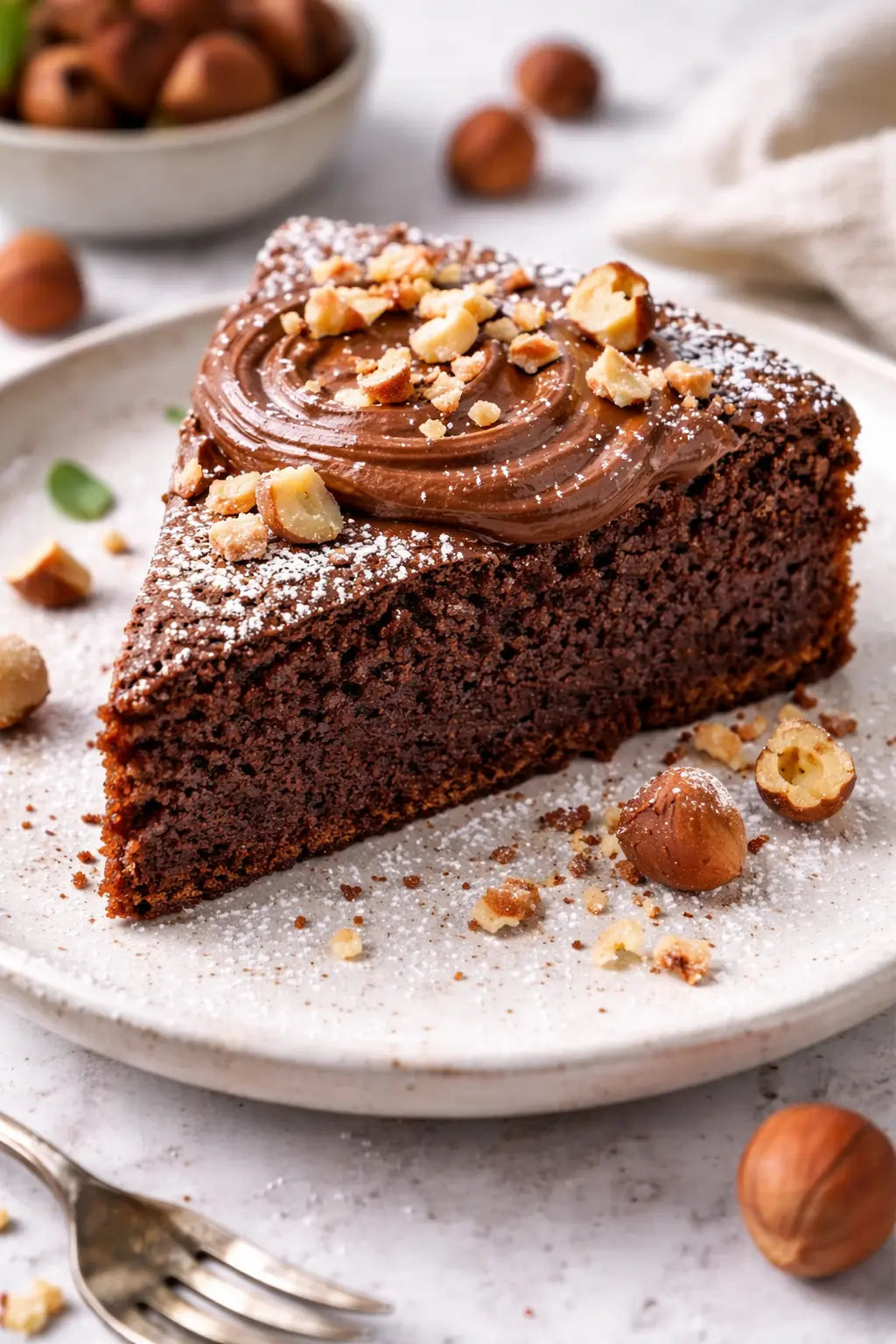 Saftiger Haselnuss-Schokoladenkuchen mit Nougatcreme und gerösteten Haselnüssen