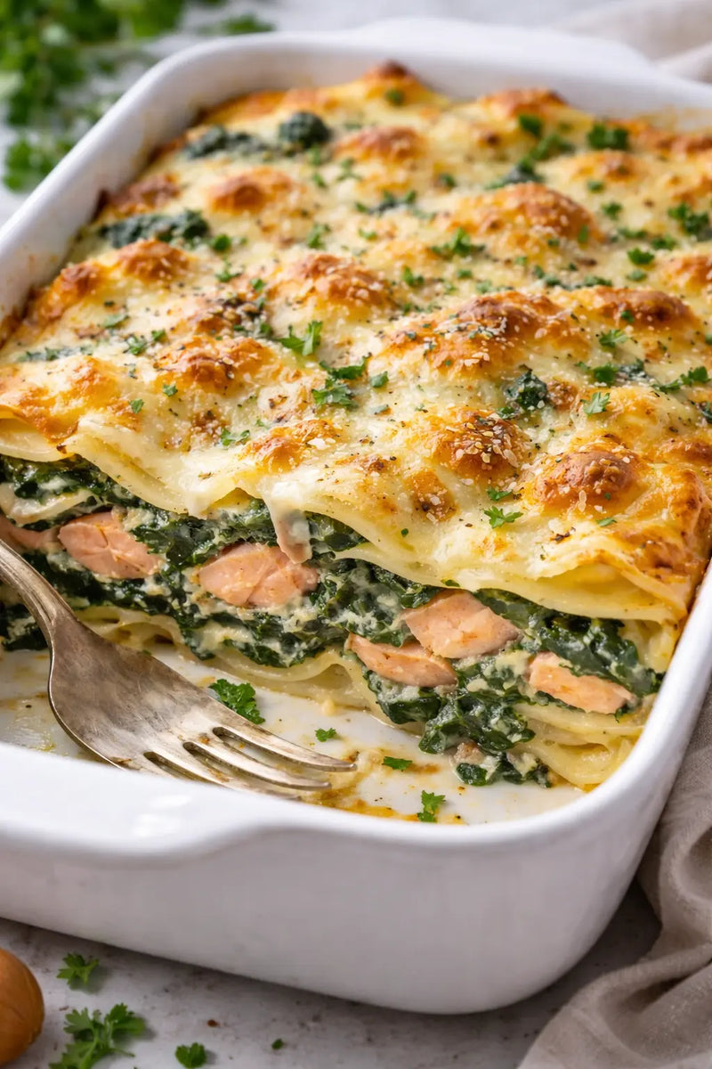 Cremige Lachs-Spinat Lasagne mit Parmigiano Reggiano aus dem Ofen