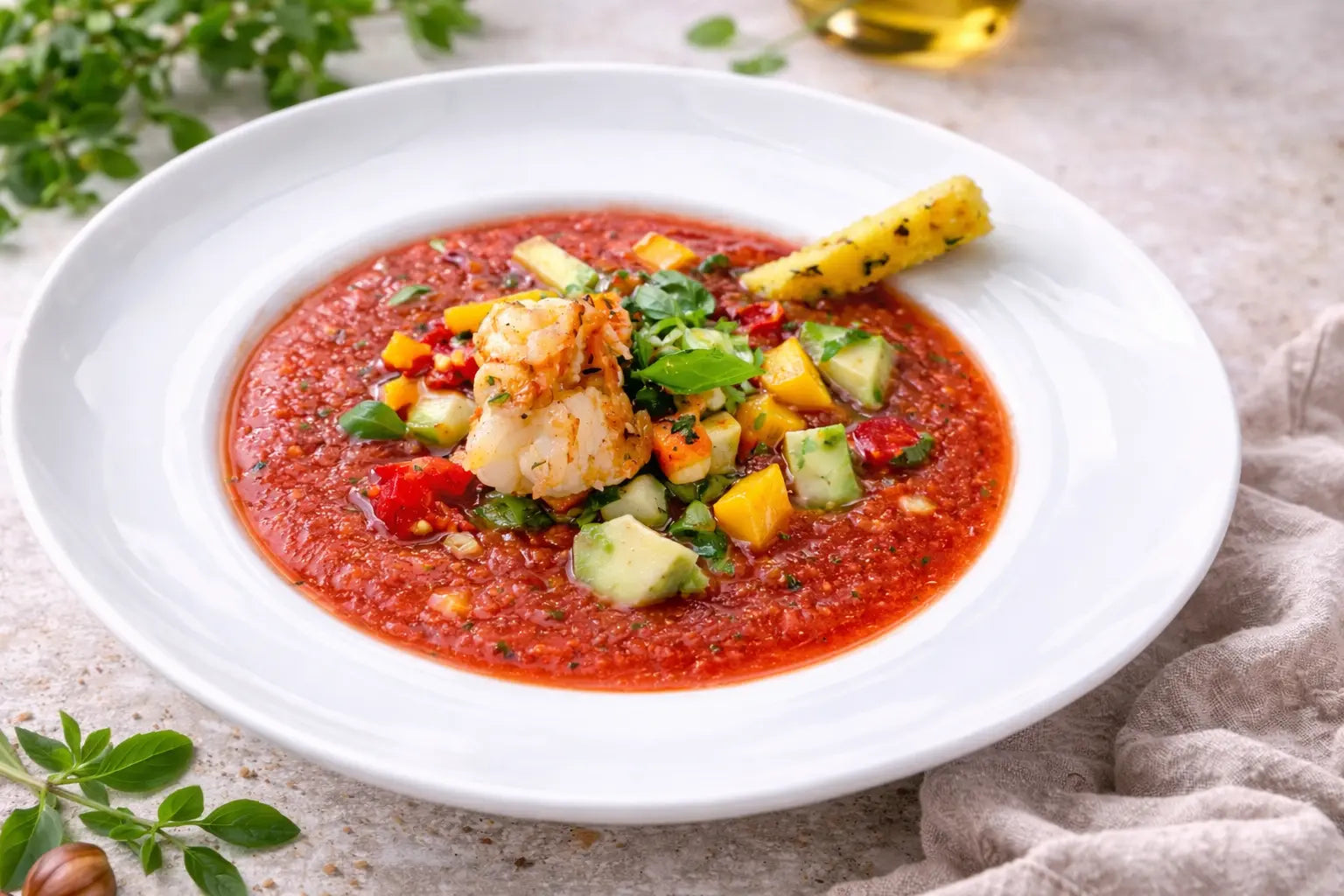 Kalte Tomatensuppe mit Garnelen, Avocado und frischem Gemüse