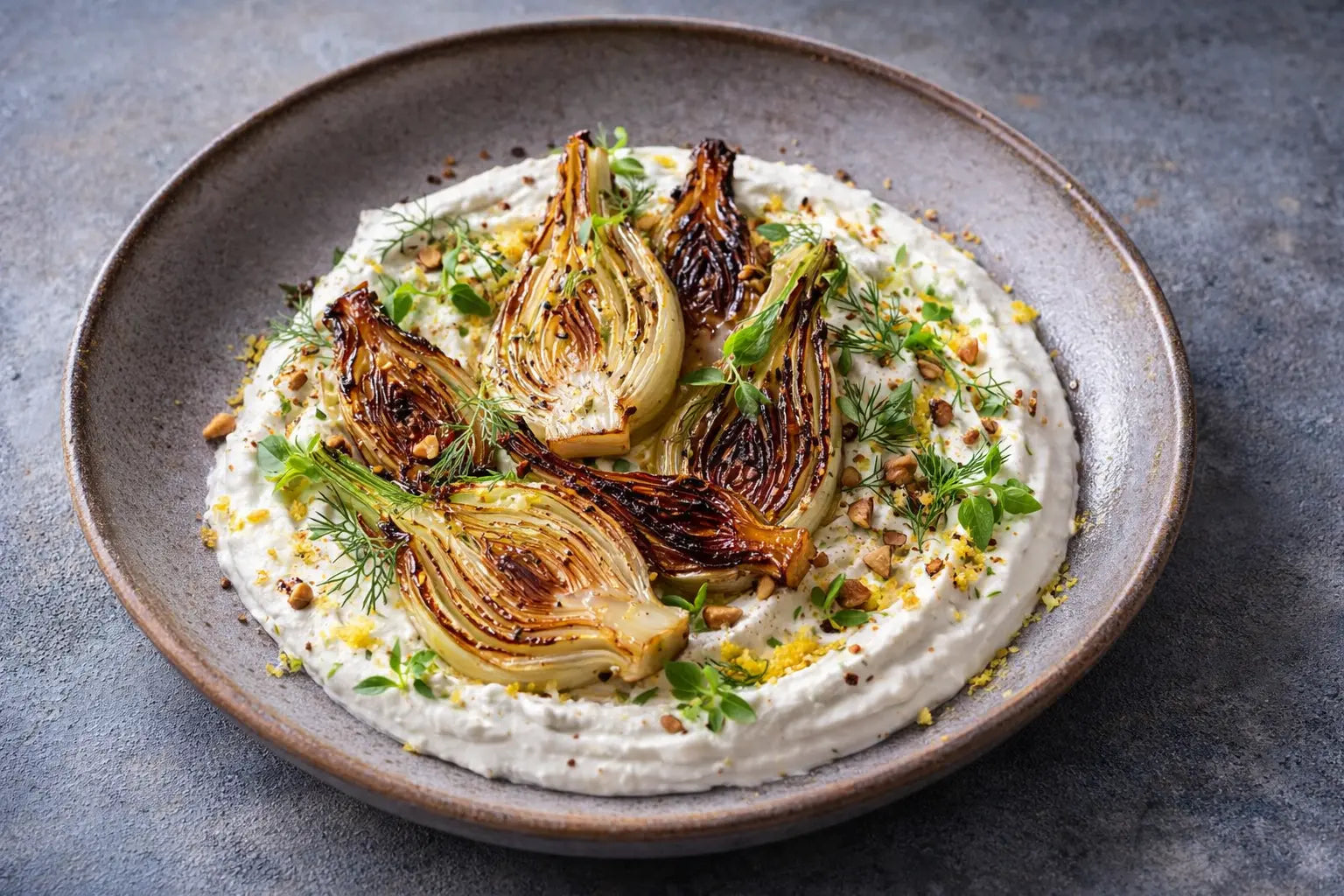 Gerösteter Fenchel auf cremigem Whipped Feta mit Zitronen-Olivenöl und frischen Kräutern