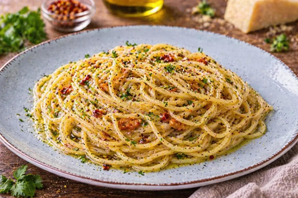 Spaghetti Aglio e Olio mit Knoblauch, Chili und Olivenöl auf einem hellen Keramikteller