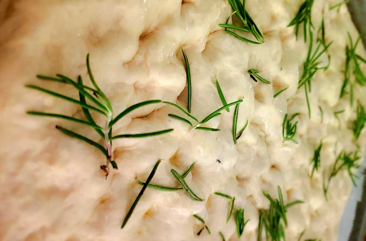Focaccia Teig mit frischem Rosmarin, italienisches Brot, Nahaufnahme