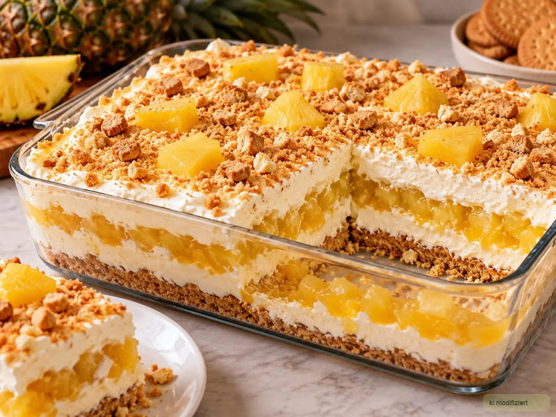 Ananas-Frischkäse-Dessert mit Keksboden, Creme und fruchtiger Ananasfüllung