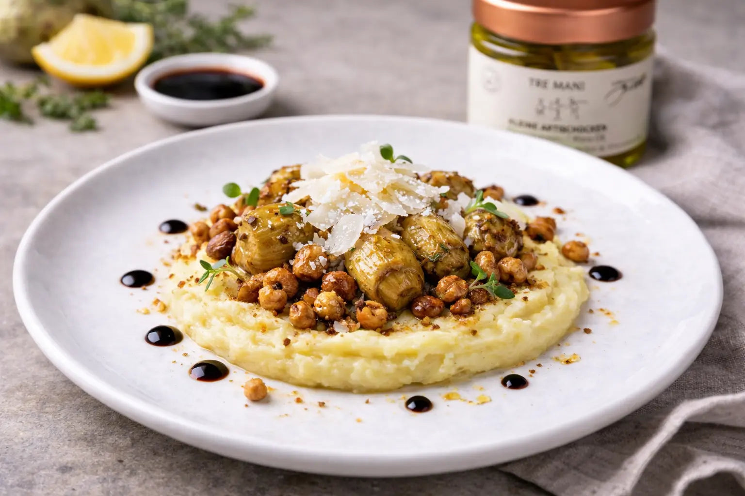 Kleine gebratene Artischocken auf Kartoffelpüree mit Pecorino und Haselnuss-Crunch