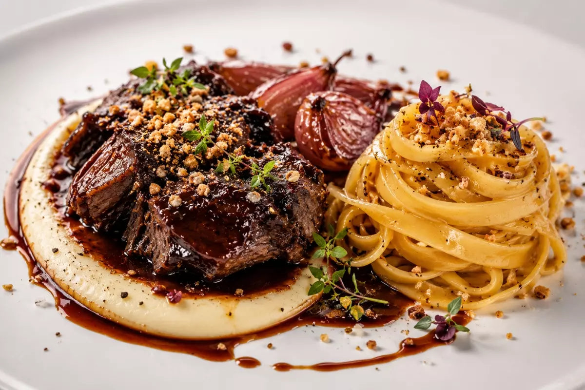 Geschmortes Rind in Barolo-Sauce mit Tagliatelle, Selleriecreme und Schalotten