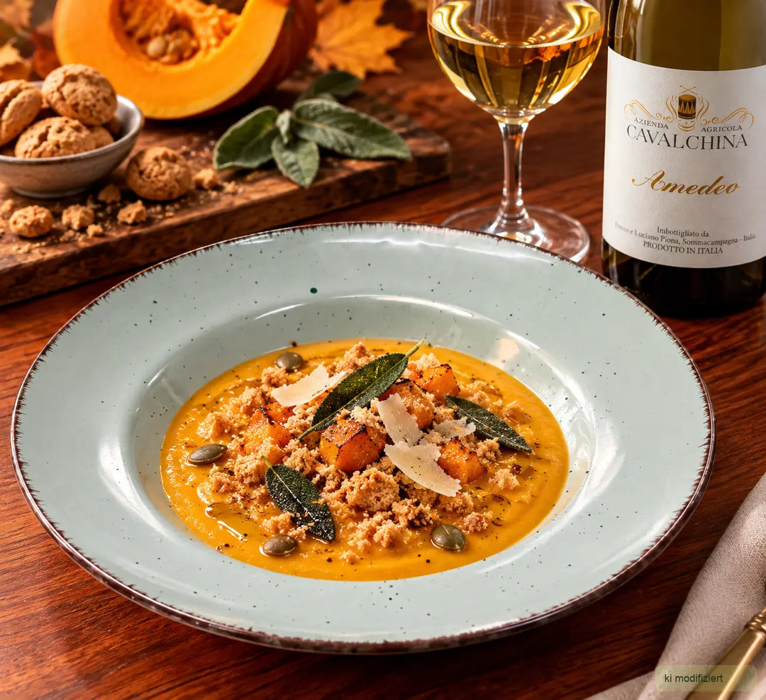 Crema di Zucca e Amaretti mit samtiger Kürbiscreme, Amaretti, Salbeibutter, Pecorino und Kürbiskernen