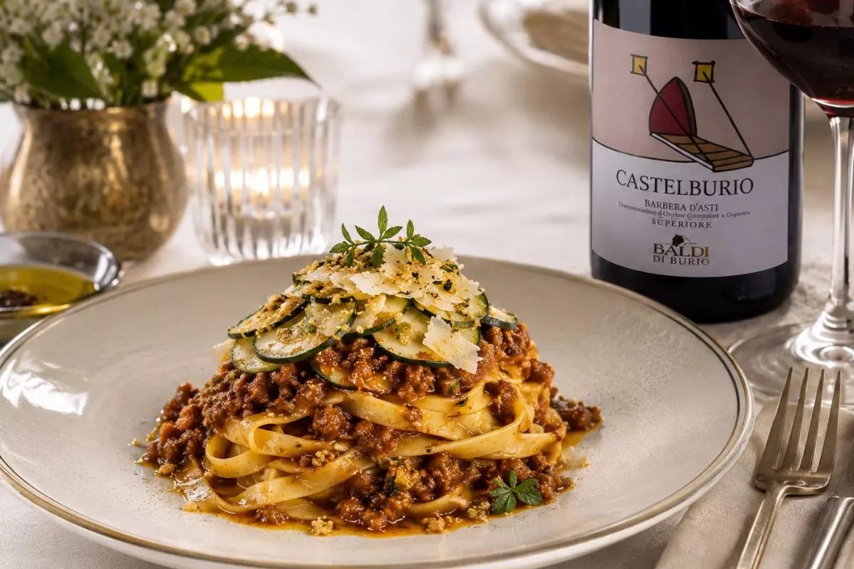 Geschichtete Fettuccine mit Hirschragù, Zucchini alla Scapece und Parmigiano Reggiano