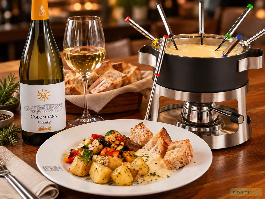 Cremige italienische Fonduta aus vier Käsesorten mit Kräutern, Weißwein und Brot