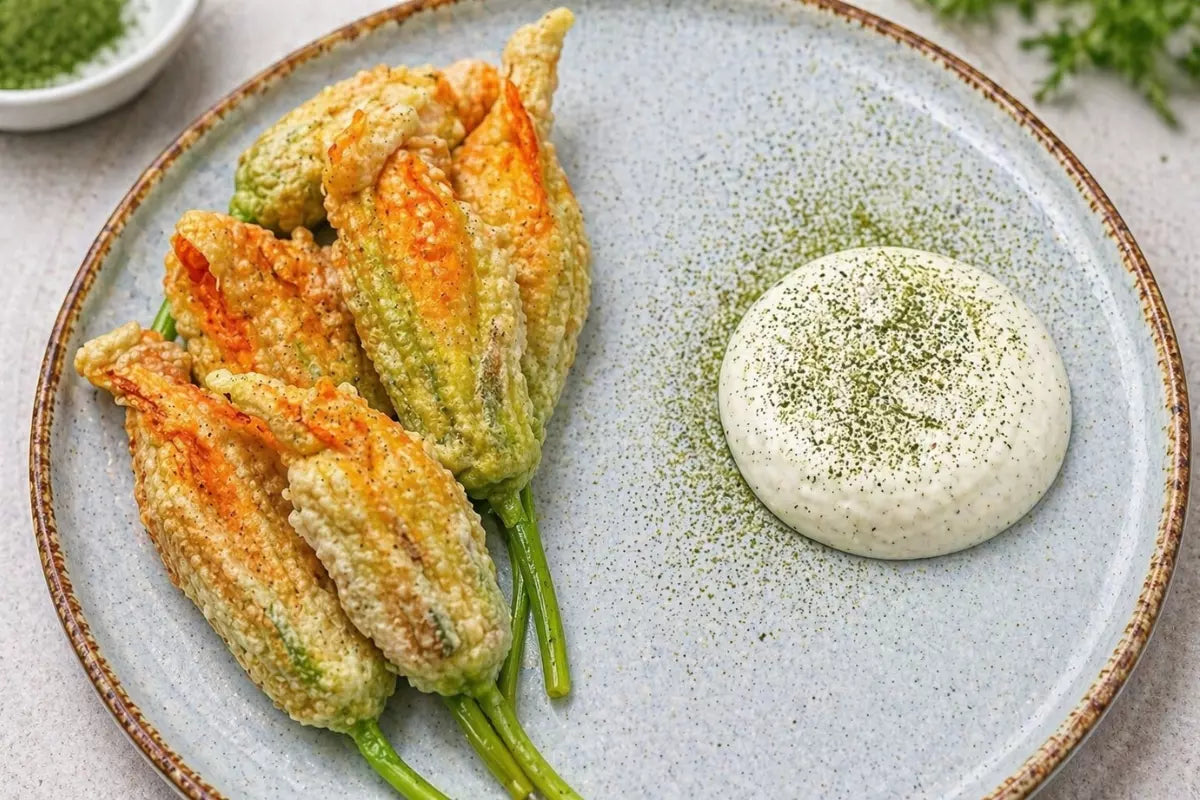 Knusprige gefüllte Zucchiniblüten mit cremiger Camembert-Sauce auf einem Teller angerichtet