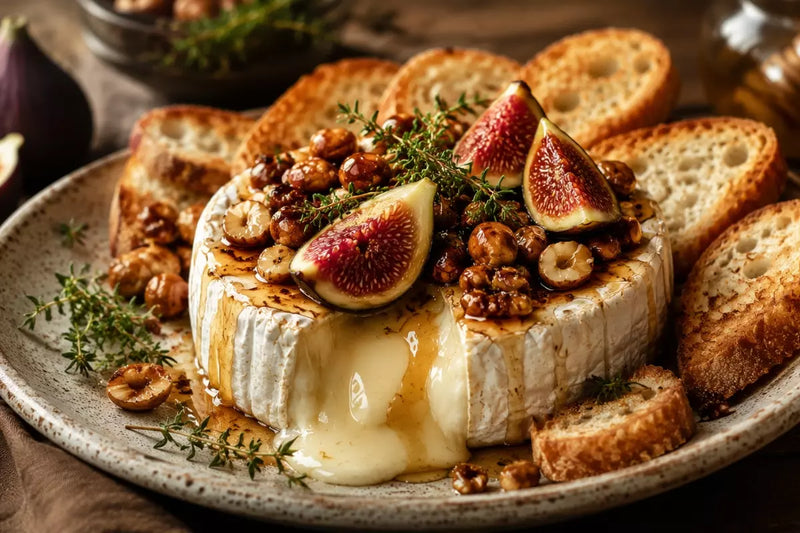 Gebackener Brie mit frischen Feigen, Honig und Pekannüssen, serviert mit Thymian und geröstetem Baguette