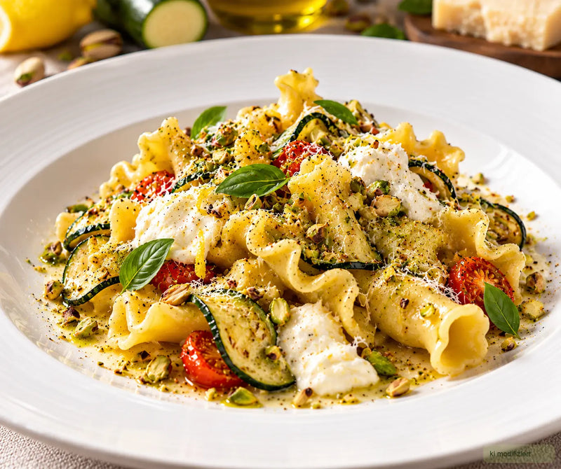 Gigli al Bronzo mit Zucchini, Burrata, Pistazien, Kirschtomaten und Zitrone auf einem weißen Pastateller
