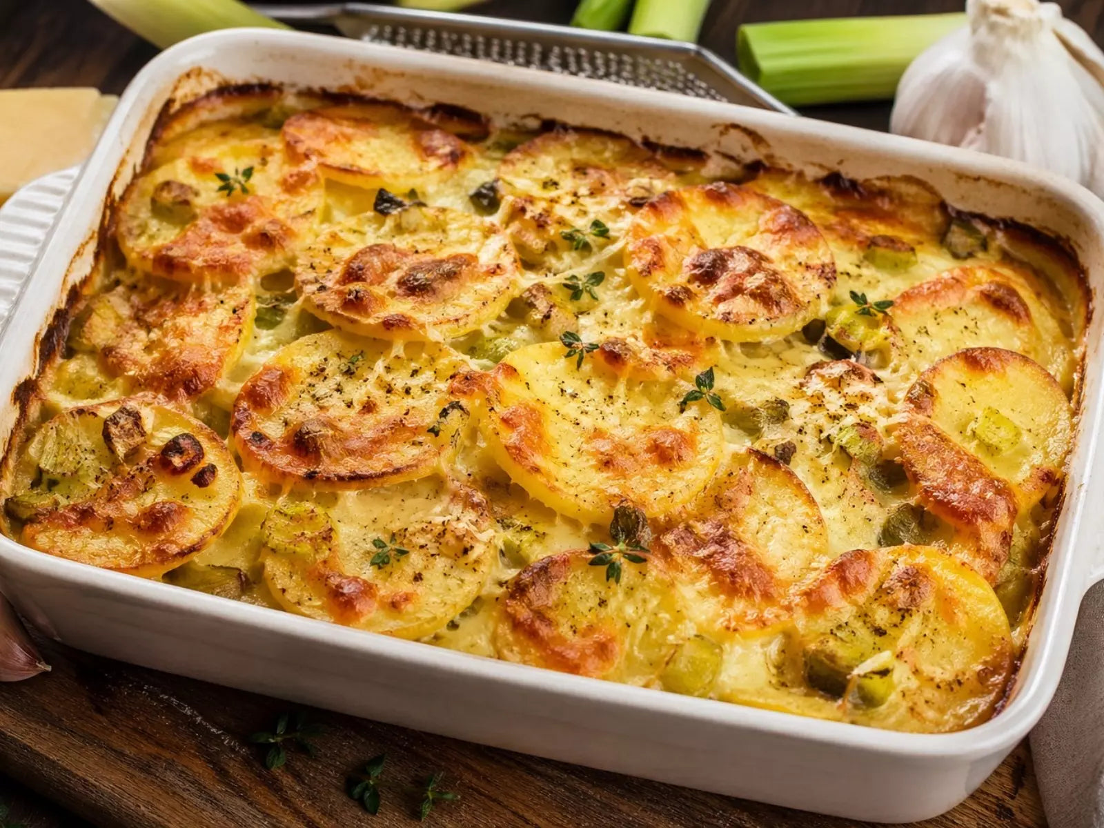 Cremiges Kartoffelgratin mit goldbrauner Kruste, Lauch und Parmesan in einer Auflaufform