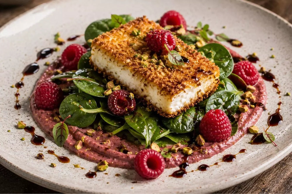 Knusprig ausgebackener Schafskäse auf Babyspinat mit Taggiasca-Himbeer-Creme, frischen Himbeeren und Pistazien