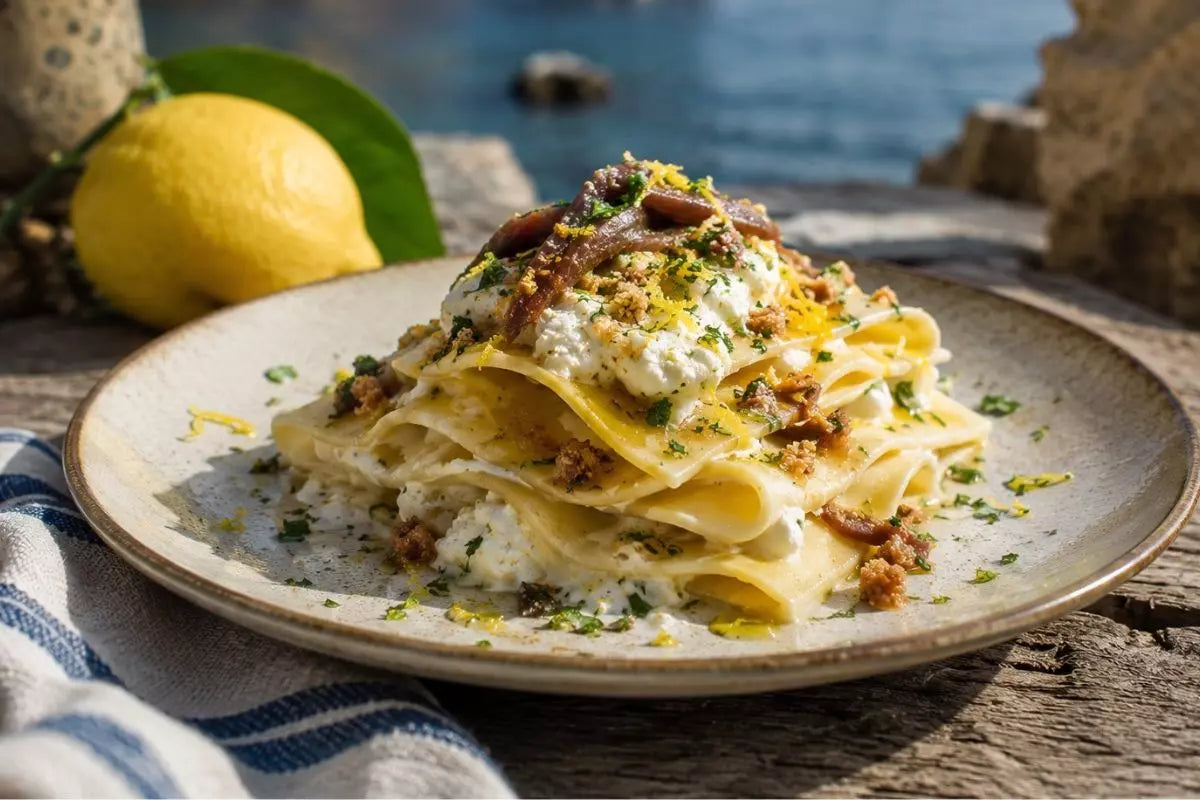 Lasagnette mit Zitronen-Ricotta, Sardellen-Butter und knusprigem Kräuter-Crunch
