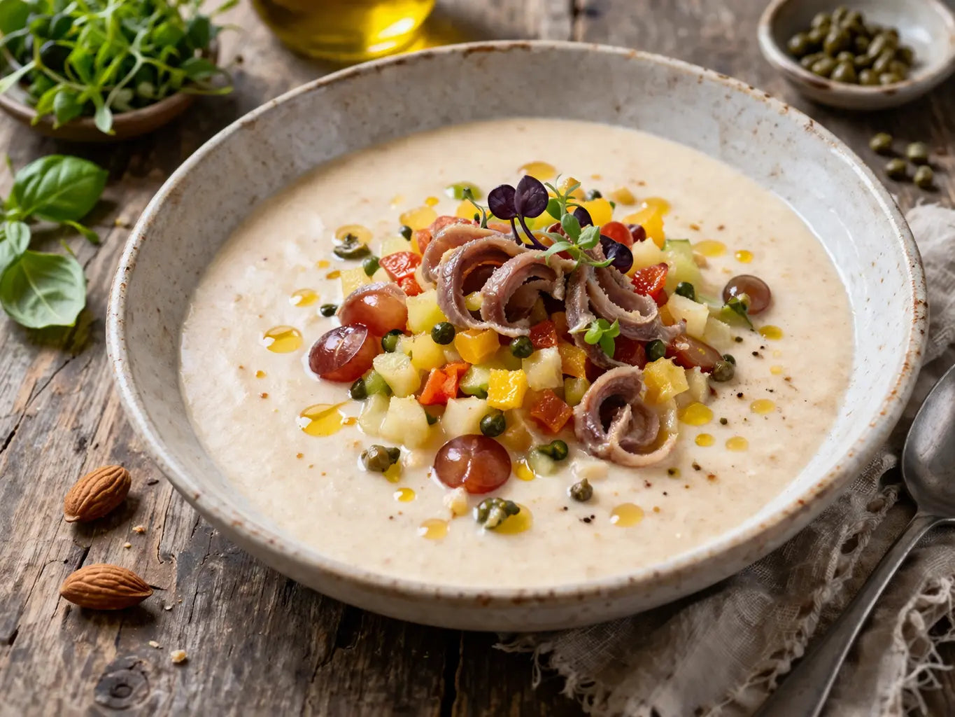 Mandel-Knoblauch Cremesuppe mit Gemüse & Sardellen