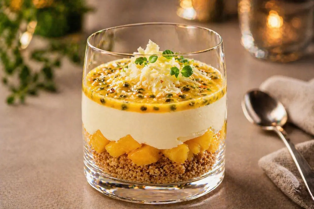 Italienisches Dessert mit Passionsfrucht, Mango und Kekskruste in Glas