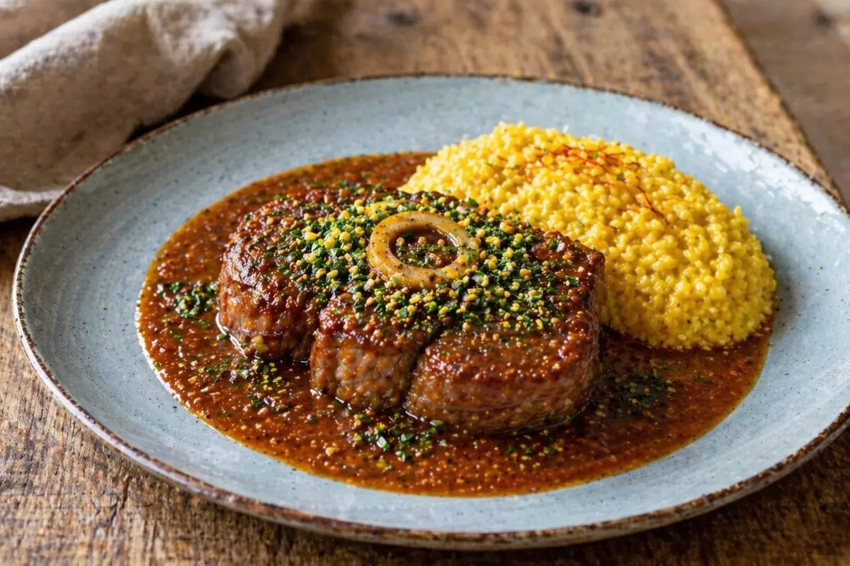 Geschmortes Ossobuco mit Sauce, Gremolata und Safran-Risotto auf einem Teller