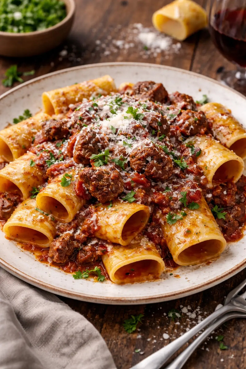 Paccheri Pasta mit langsam geschmortem Rinderragout und frisch geriebenem Parmigiano Reggiano auf einem Teller
