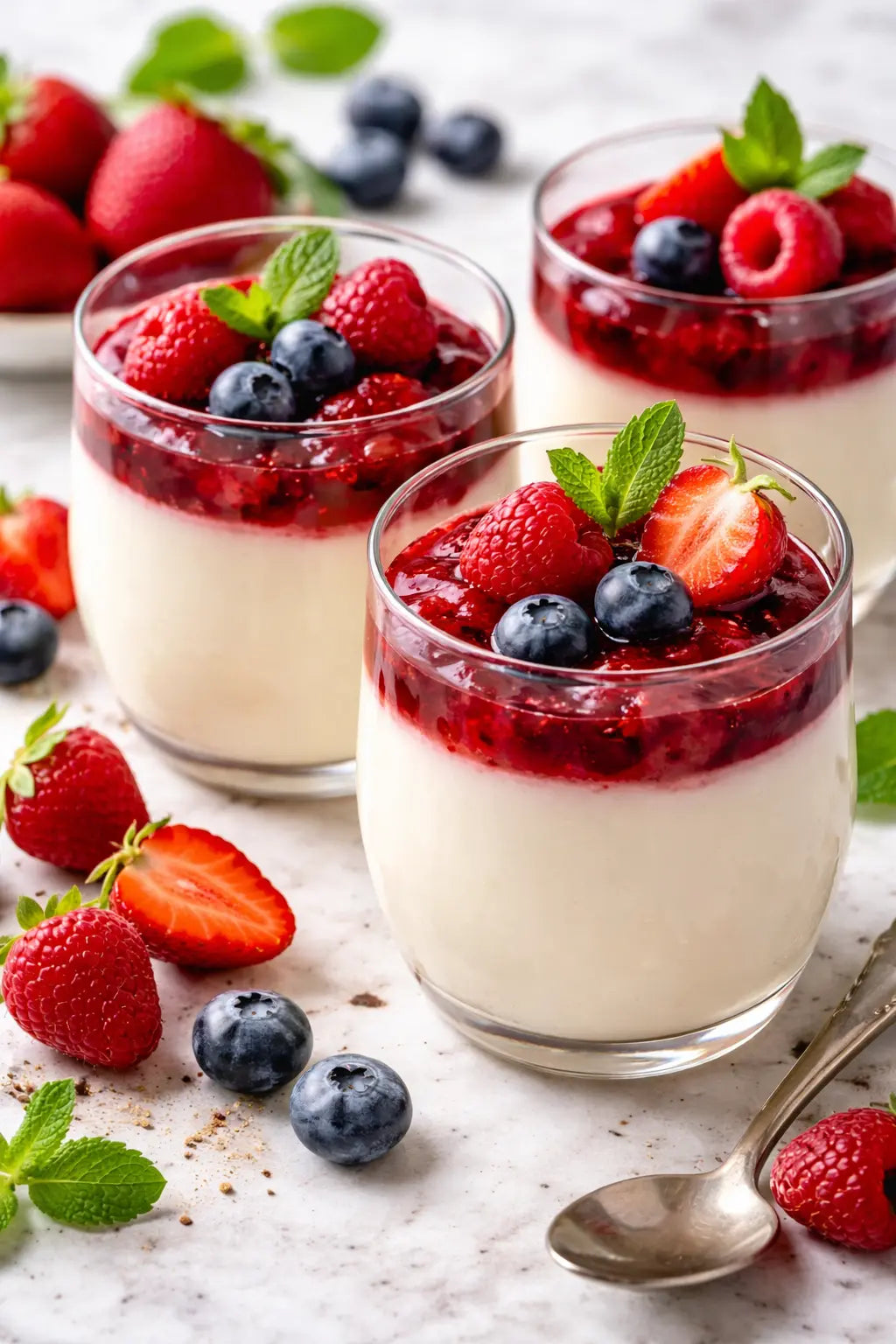 Cremige Panna Cotta mit Beerensauce und frischen Himbeeren – klassisches italienisches Dolce