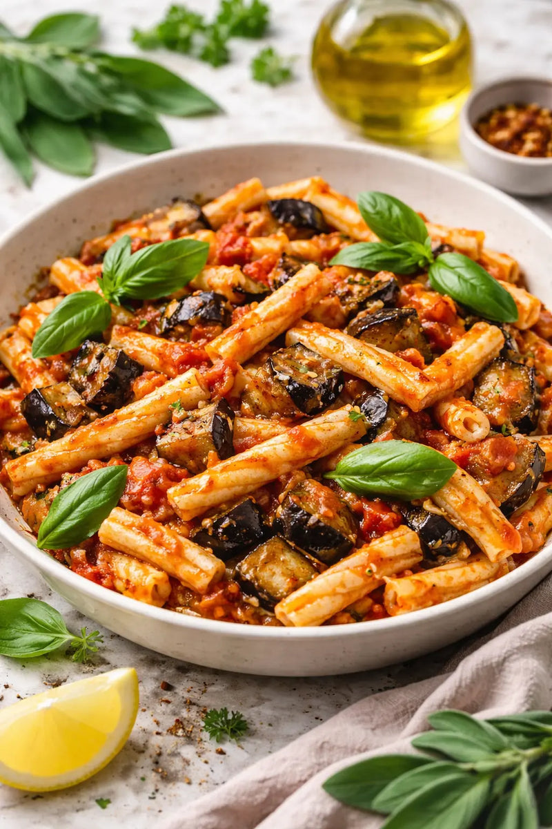 Pasta alla Norma mit gebratenen Auberginen, Tomatensauce und frischem Basilikum – klassisches sizilianisches Nudelgericht