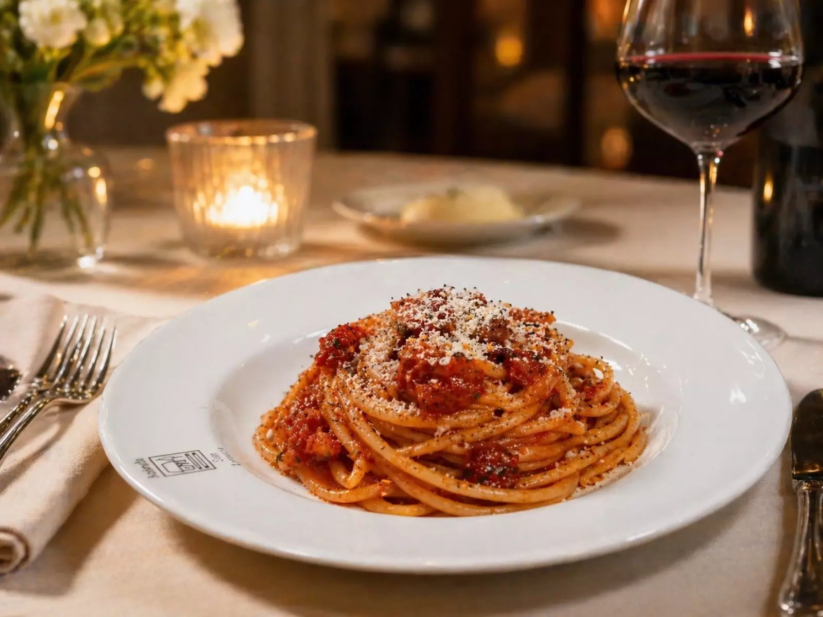 Spaghetti Amatriciana mit Tomatensauce, Guanciale und Pecorino auf einem Teller