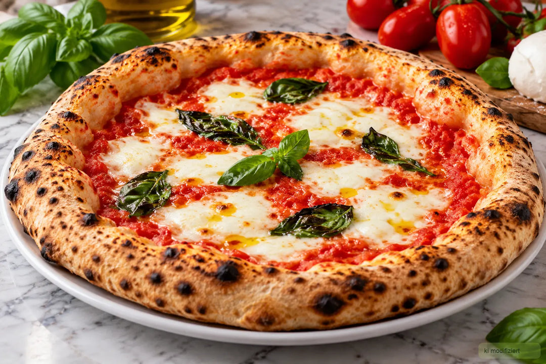 Neapolitanische Pizza mit geschälten Tomaten, Mozzarella, Basilikum und Olivenöl