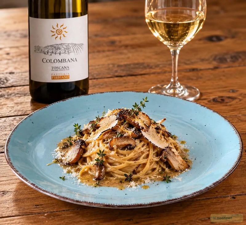 Tagliolini ai Porcini mit gebratenen Steinpilzen, Thymian und Burro Nocciola im tiefen Teller