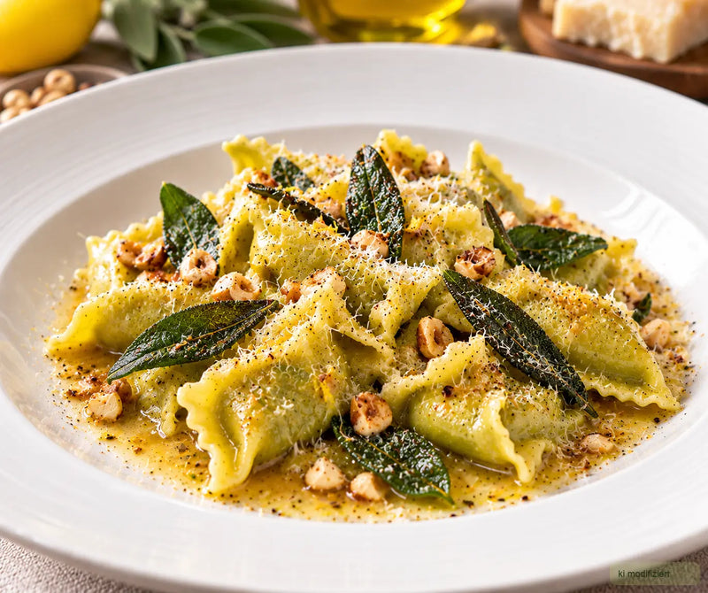 Pasta mit glänzender Salbeibutter, Parmigiano Reggiano, Zitronenzeste und Salbeiblättern auf einem weißen Pastateller