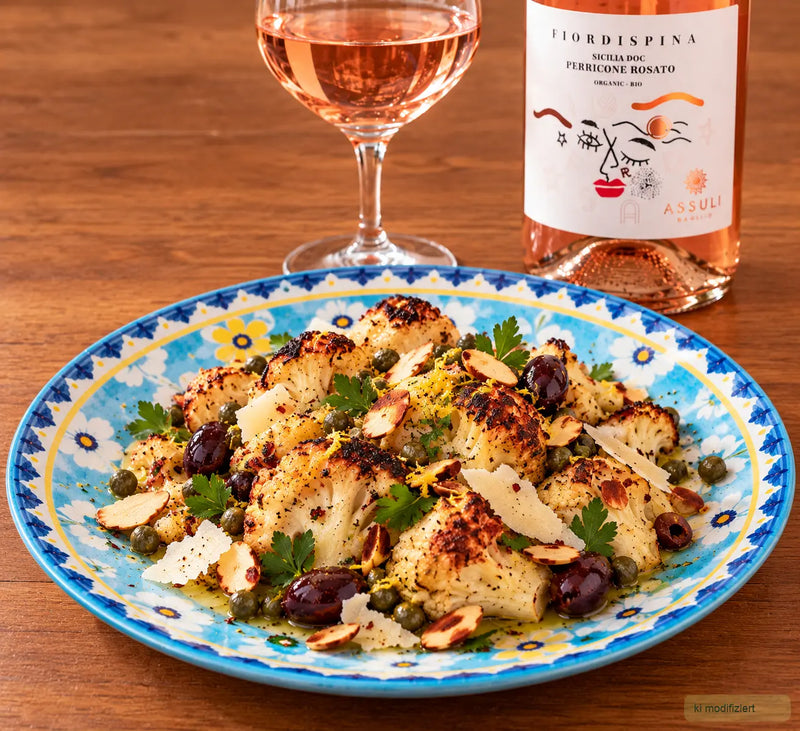 Cavolfiore alla Napoletana mit geröstetem Blumenkohl, schwarzen Oliven, Kapern, Mandeln, Zitrone und Provolone