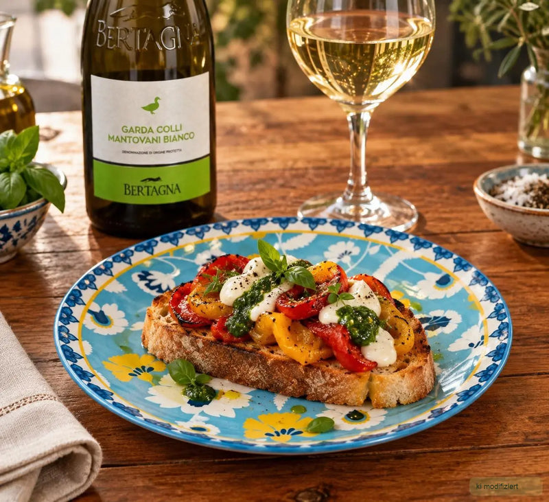 Crostone mit marinierten Paprikastreifen, Knoblauchsauce und grüner Petersiliencreme