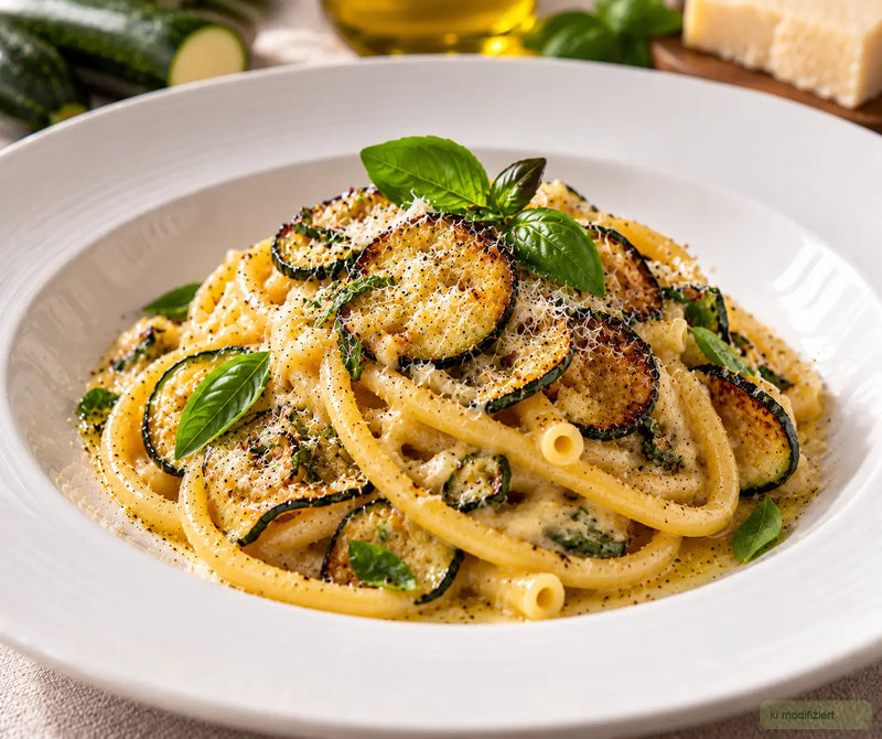 Pasta alla Nerano mit goldbraunen Zucchini, Provolone, Parmigiano und Basilikum