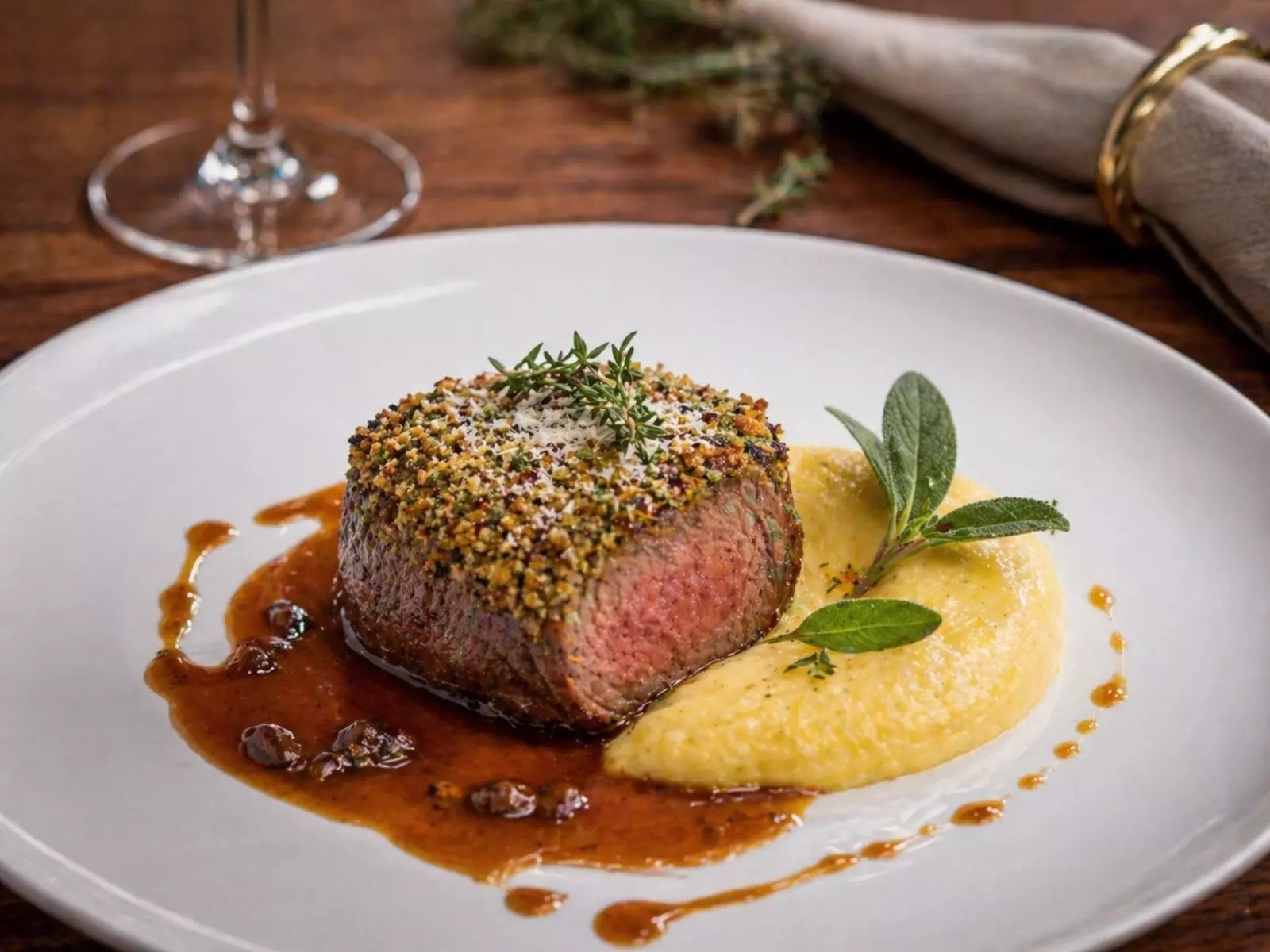 Zartes Rinderfilet mit knuspriger Kräuter-Parmesan-Kruste, serviert mit Marsala-Sauce und cremiger Polenta