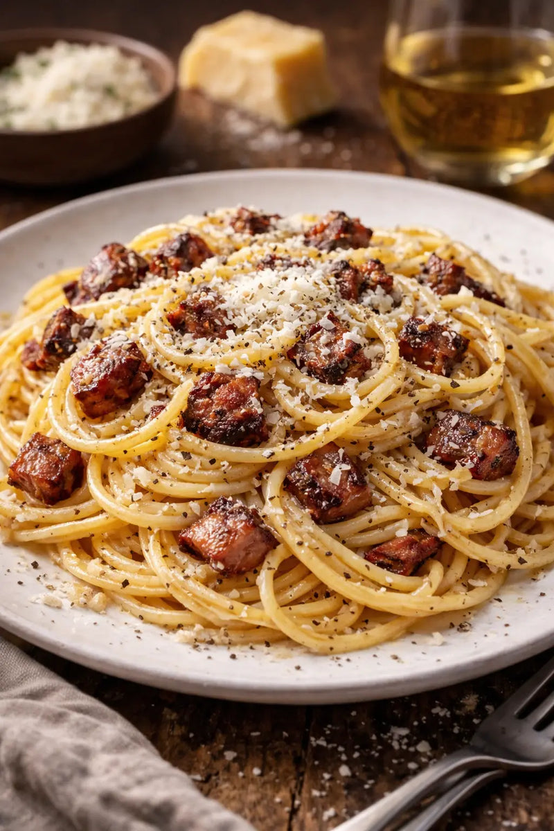 Spaghetti Carbonara mit knusprig gebratenem Guanciale, Pecorino Romano und schwarzem Pfeffer