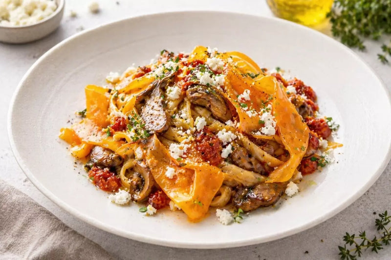 Italienische Pasta mit Pilzen, getrockneten Tomaten und Feta-Käse, garniert mit Kräutern