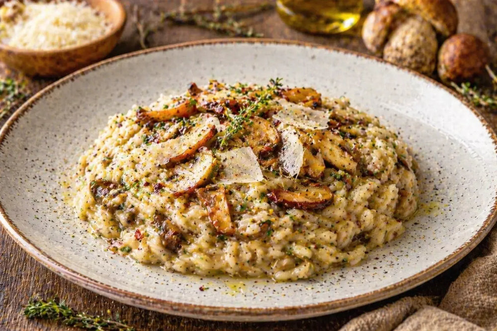 Cremiges Steinpilz-Risotto mit Parmigiano und Olivenöl auf einem Teller angerichtet