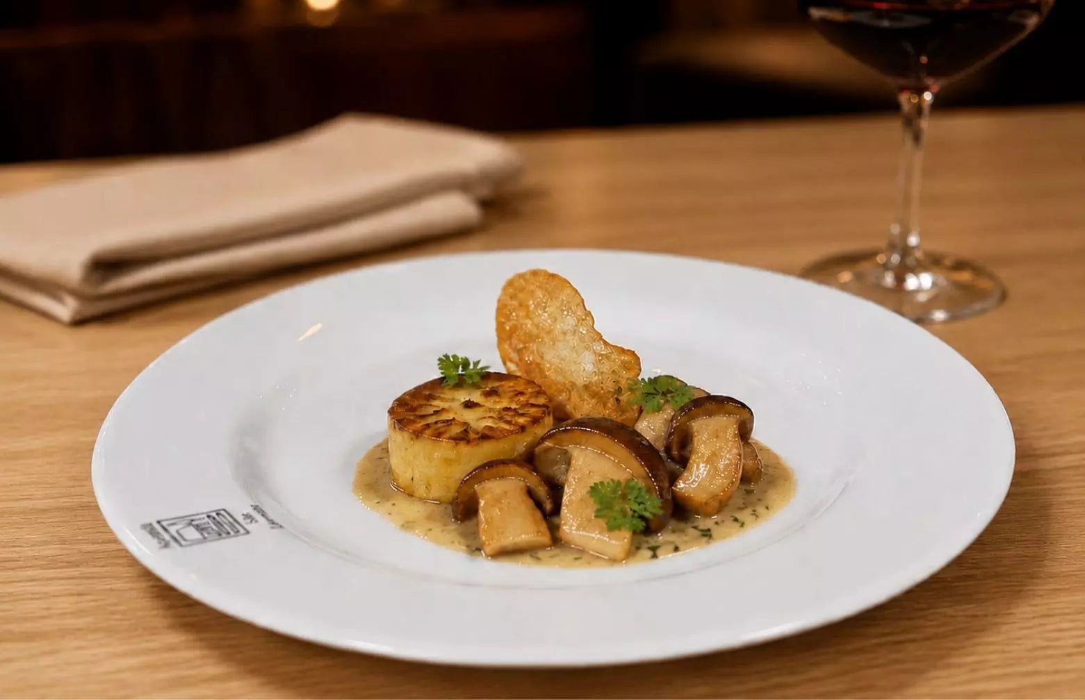 Gebratene Steinpilze mit Kartoffel-Fondant, feiner Thymian-Beurre-blanc und knusprigem Kartoffelchip
