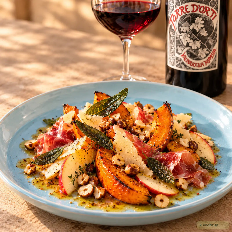 Südtiroler Herbstteller mit geröstetem Kürbis, Speck, Apfel, Piave, Haselnüssen und Salbeibutter