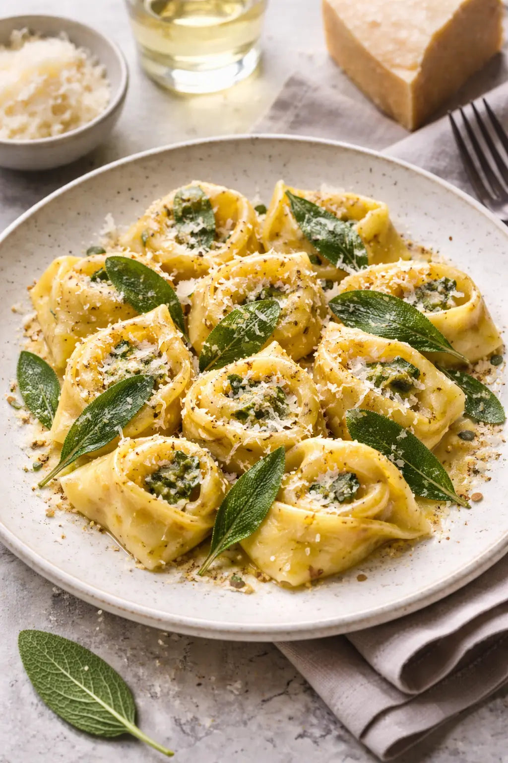 Frische Tortellacci mit Ricotta-Spinat-Füllung in Salbeibutter mit geriebenem Parmigiano Reggiano und knusprigen Salbeiblättern