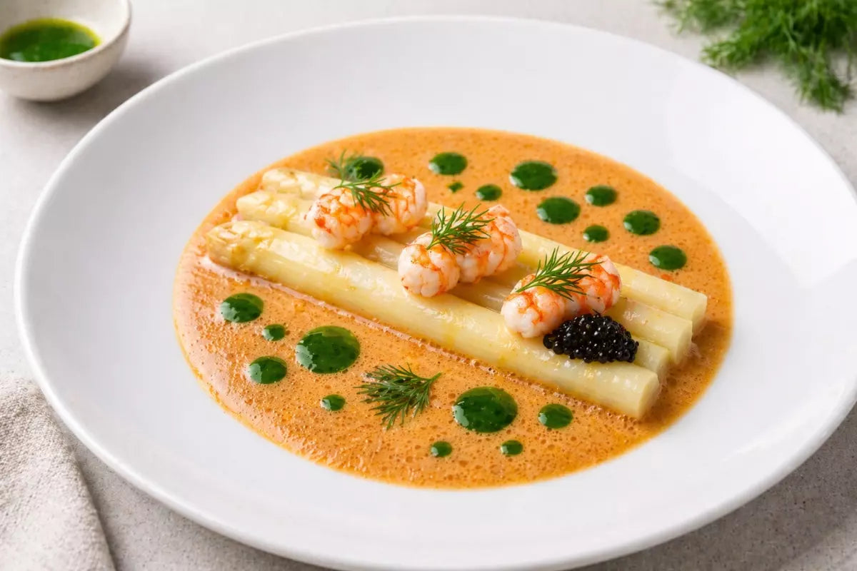 Weißer Spargel mit Garnelen, cremiger Krustentiersauce und Kräuteröl auf einem Teller