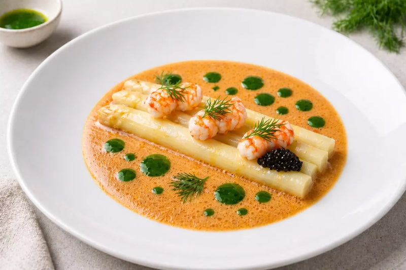 Weißer Spargel mit Garnelen, cremiger Krustentiersauce und Kräuteröl auf einem Teller