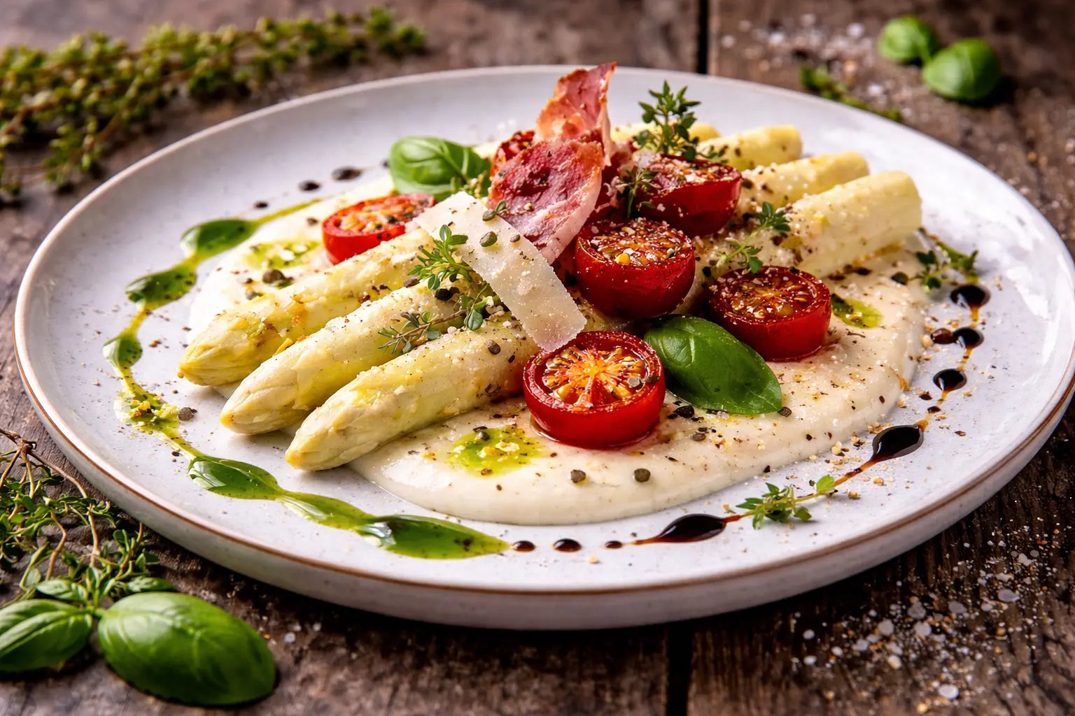 Weißer Spargel mit Parmesancreme, konfierten Tomaten und Basilikumöl