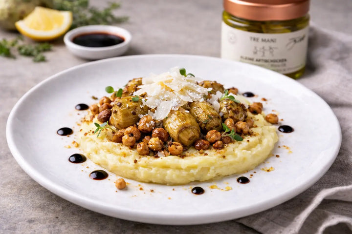 Italienische Artischocken mit Polenta, gerösteten Haselnüssen und Parmesan – feine Antipasti Delikatesse