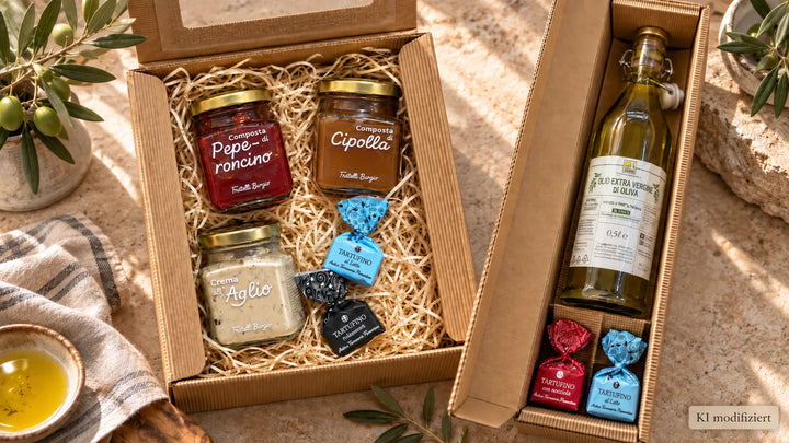 Italienische Geschenkideen und Feinkostgeschenke von Lorenzos Gusto in natürlicher mediterraner Szene – KI modifiziert