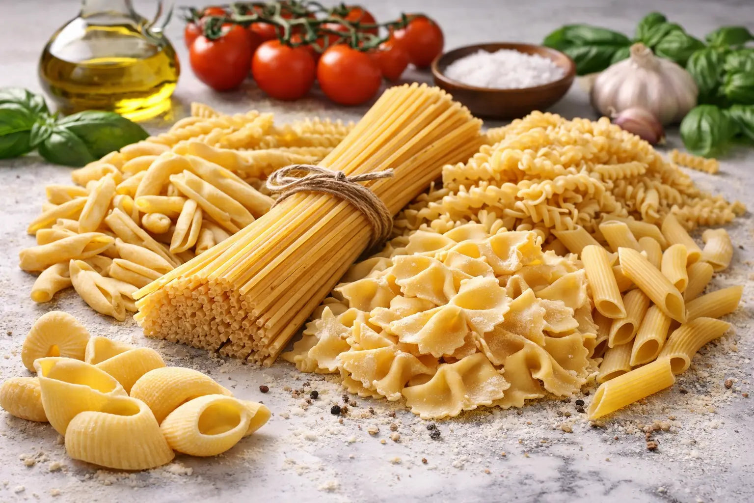 Getrocknete italienische Pasta mit Spaghetti, Penne und Fusilli in hochwertiger Qualität