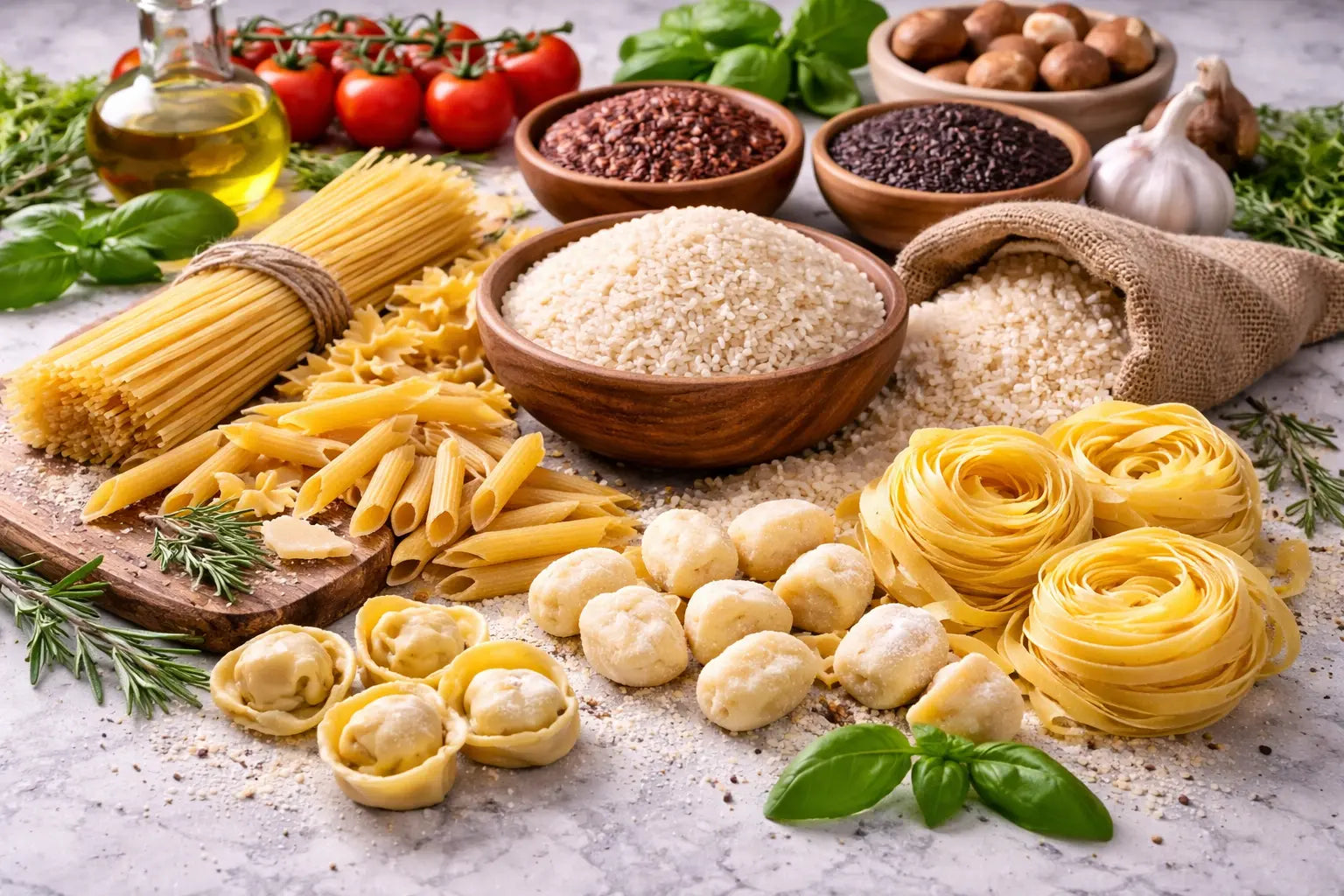 Italienische Pasta und Risotto Reis mit verschiedenen Pastaformen und Arborio Reis